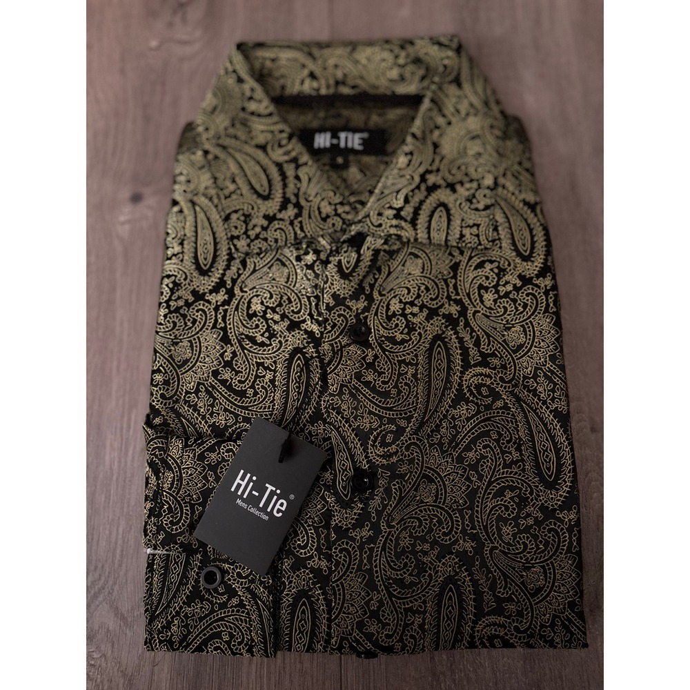 Hi-Tie Mens Black Gold Paisley Jacquard Long Sleeve Button Up Shirt NWT L